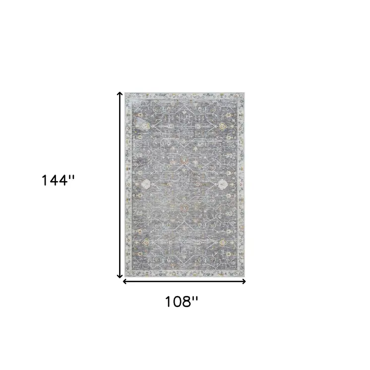 9' X 12' Gray and Ivory Floral Area Rug
