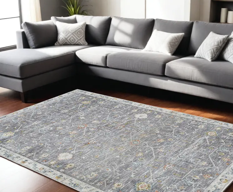 10' X 14' Gray and Ivory Floral Area Rug
