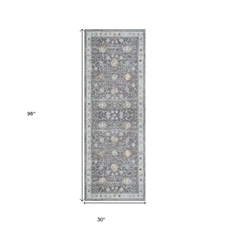 8' Gray And Blue Floral Distressed Runner Rug