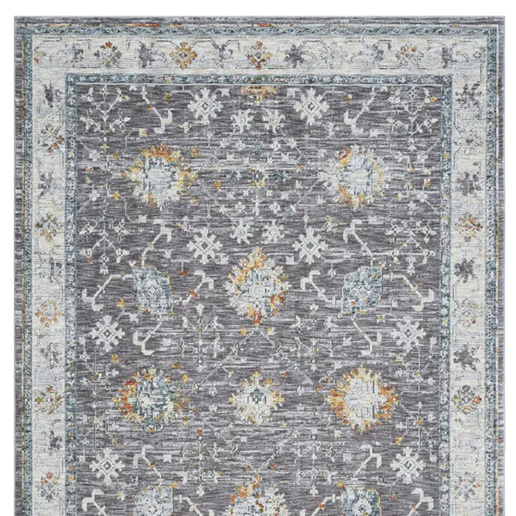 8' Gray And Blue Floral Distressed Runner Rug