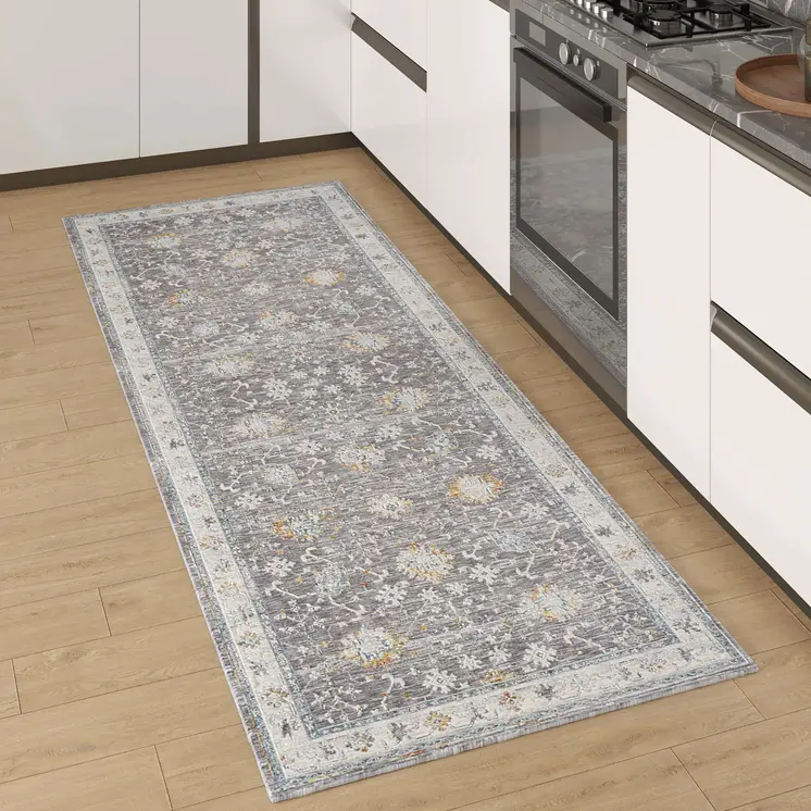 8' Gray And Blue Floral Distressed Runner Rug