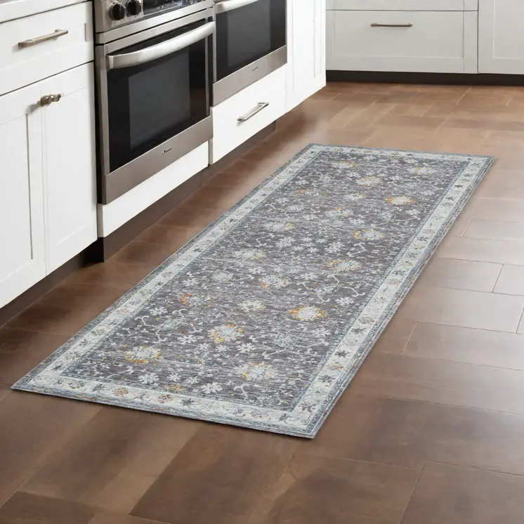 8' Gray And Blue Floral Distressed Runner Rug