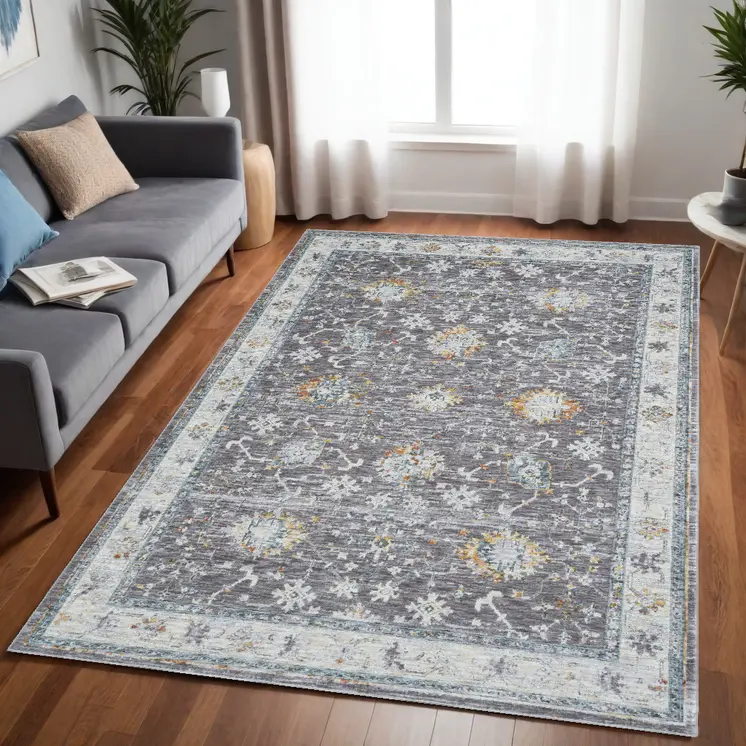 5' X 8' Gray and Ivory Floral Area Rug