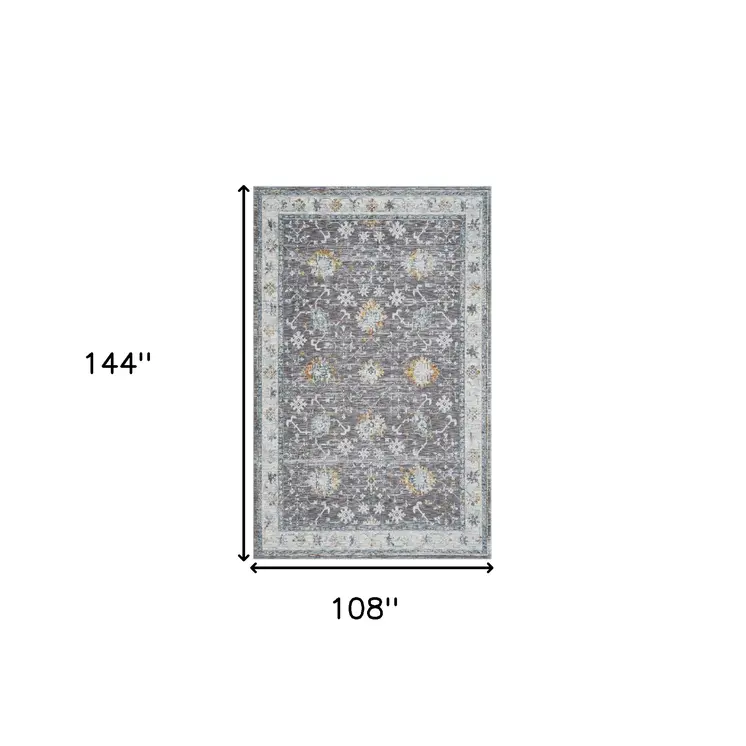 9' X 12' Gray and Ivory Floral Area Rug