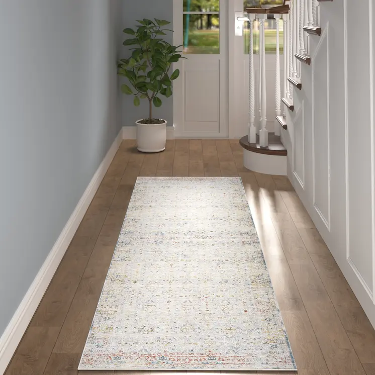 8' Gray And Blue Floral Distressed Runner Rug