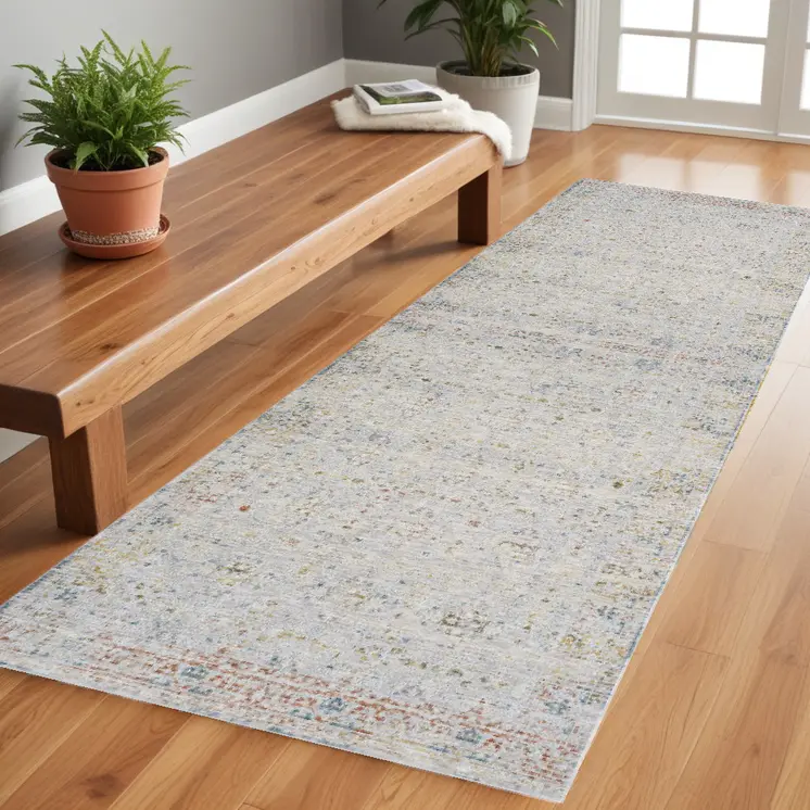 8' Gray And Blue Floral Distressed Runner Rug