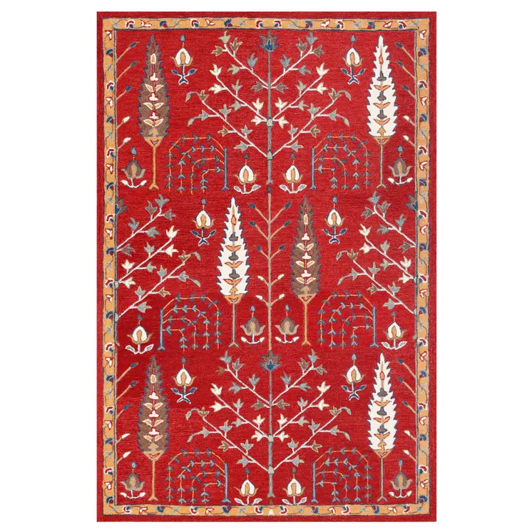 9' X 12' Red and Ivory Wool Floral Hand Tufted Area Rug
