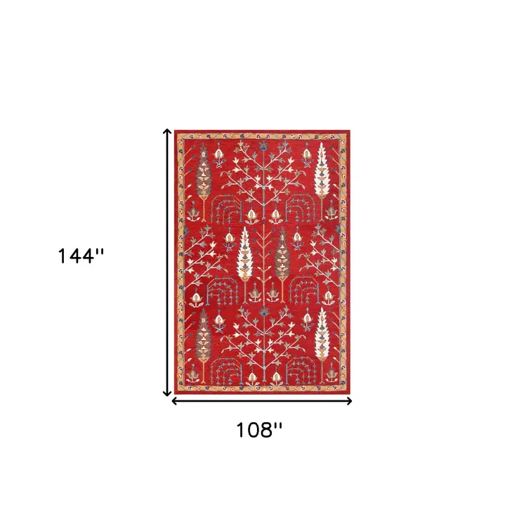 9' X 12' Red and Ivory Wool Floral Hand Tufted Area Rug