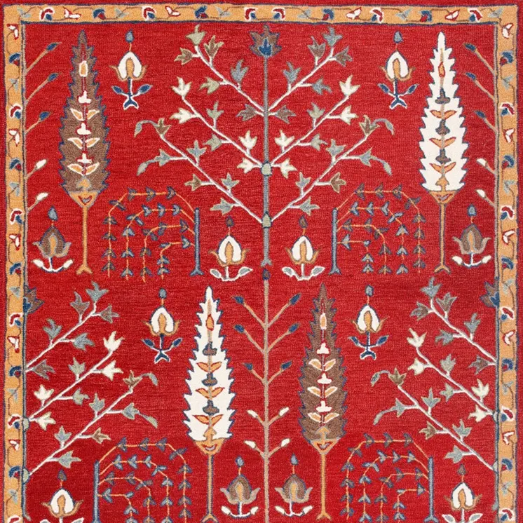 9' X 12' Red and Ivory Wool Floral Hand Tufted Area Rug