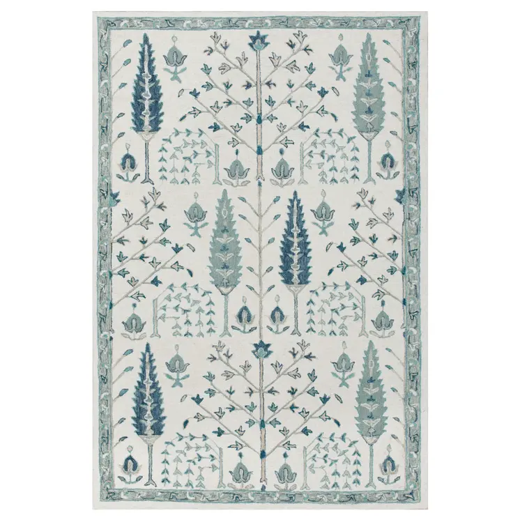 8' X 10' Ivory and Blue Wool Floral Hand Tufted Area Rug