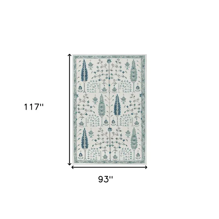 8' X 10' Ivory and Blue Wool Floral Hand Tufted Area Rug