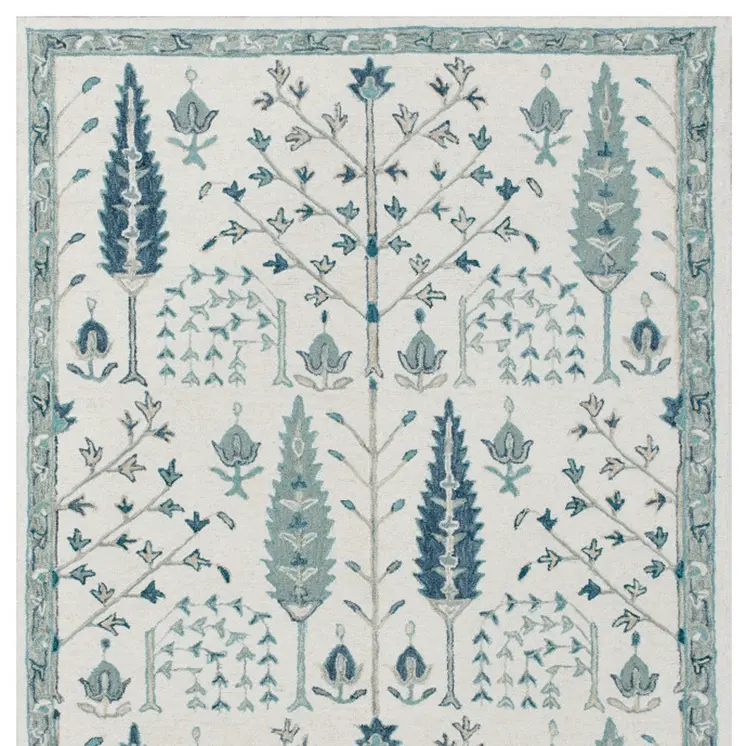 9' X 12' Ivory and Blue Wool Floral Hand Tufted Area Rug