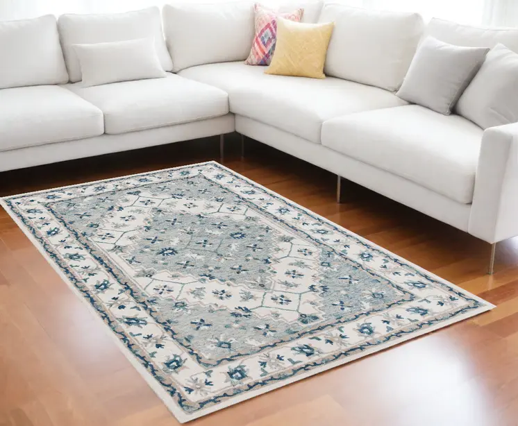 8' X 10' Blue and Ivory Wool Floral Hand Tufted Area Rug