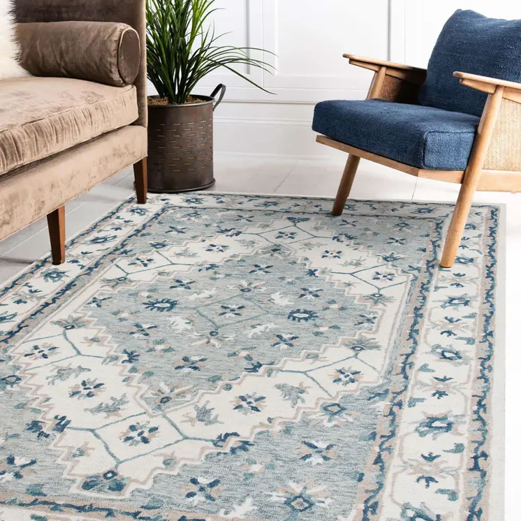 8' X 10' Blue and Ivory Wool Floral Hand Tufted Area Rug