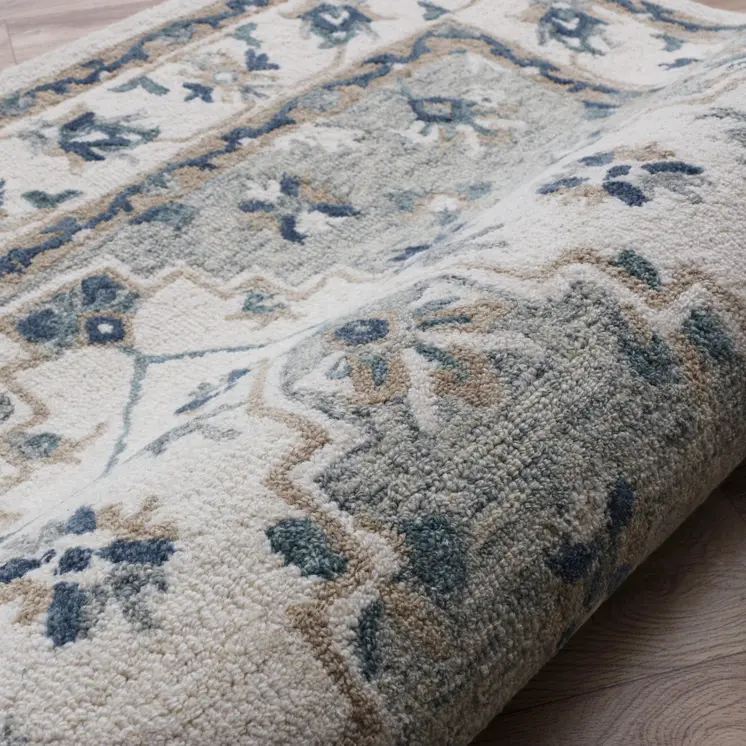 8' X 10' Blue and Ivory Wool Floral Hand Tufted Area Rug