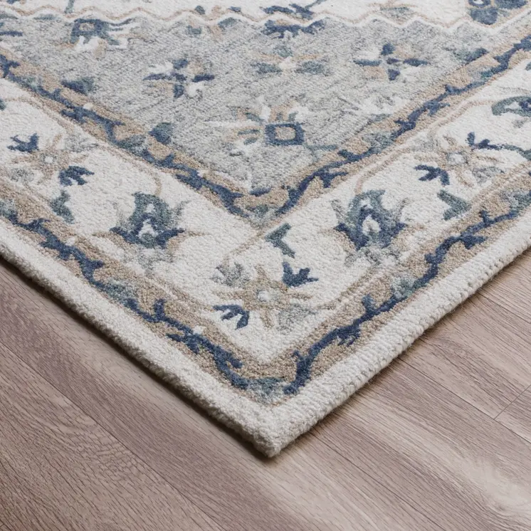 8' X 10' Blue and Ivory Wool Floral Hand Tufted Area Rug