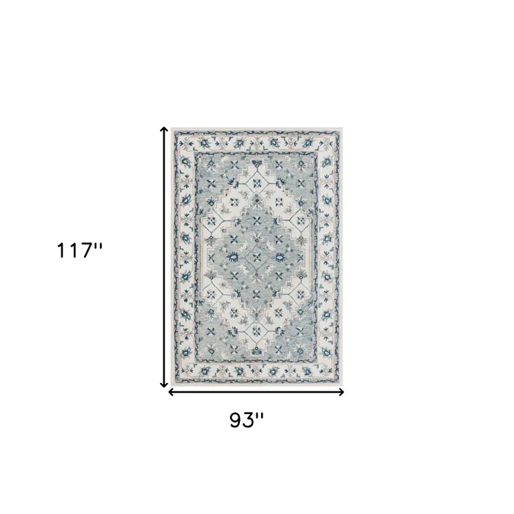 8' X 10' Blue and Ivory Wool Floral Hand Tufted Area Rug