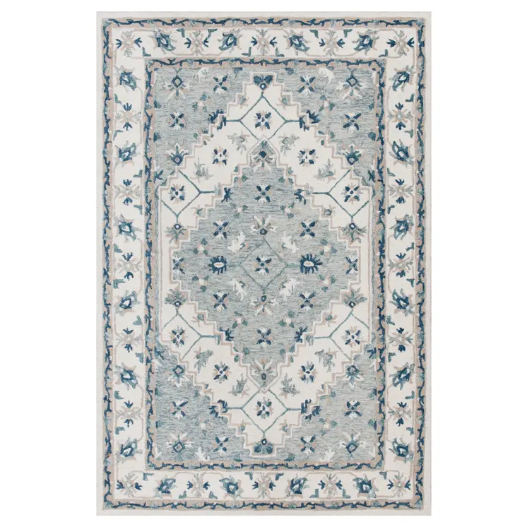 8' X 10' Blue and Ivory Wool Floral Hand Tufted Area Rug