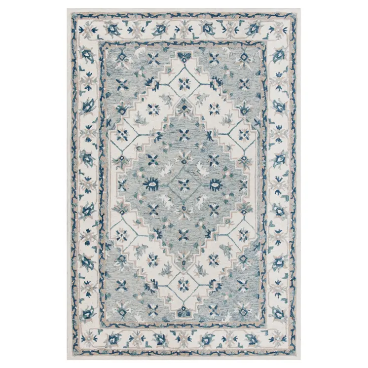 9' X 12' Blue and Ivory Wool Floral Hand Tufted Area Rug