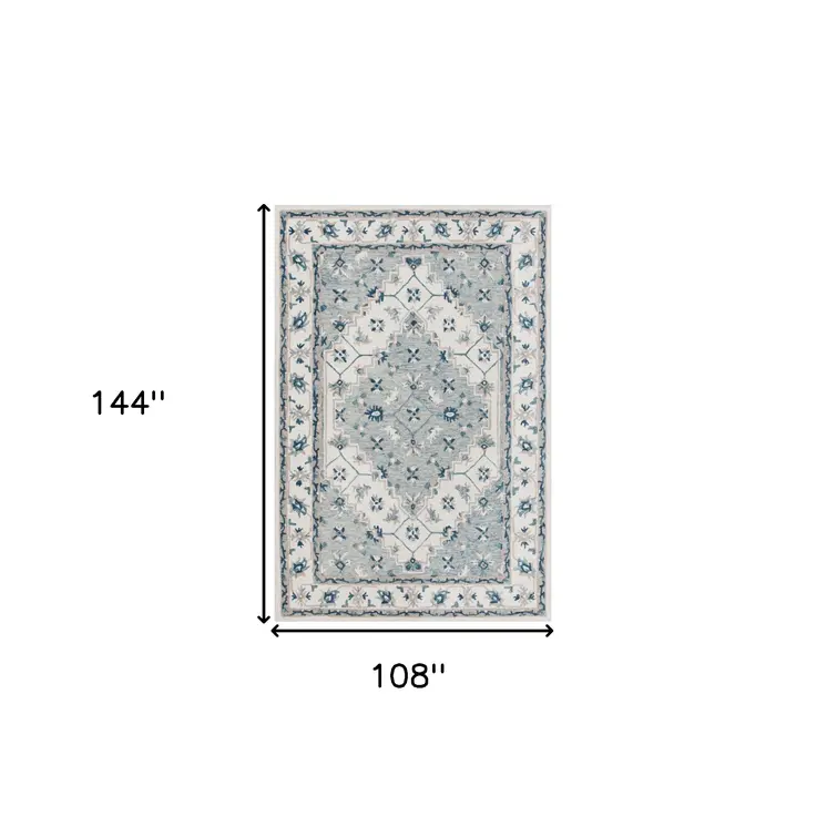 9' X 12' Blue and Ivory Wool Floral Hand Tufted Area Rug
