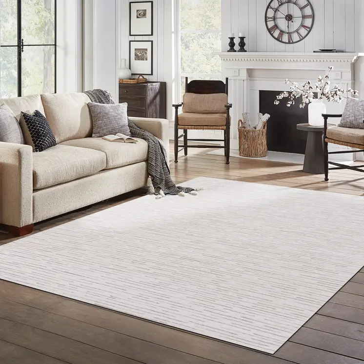 8' X 10' Beige and Ivory Wool Striped Hand Tufted Area Rug