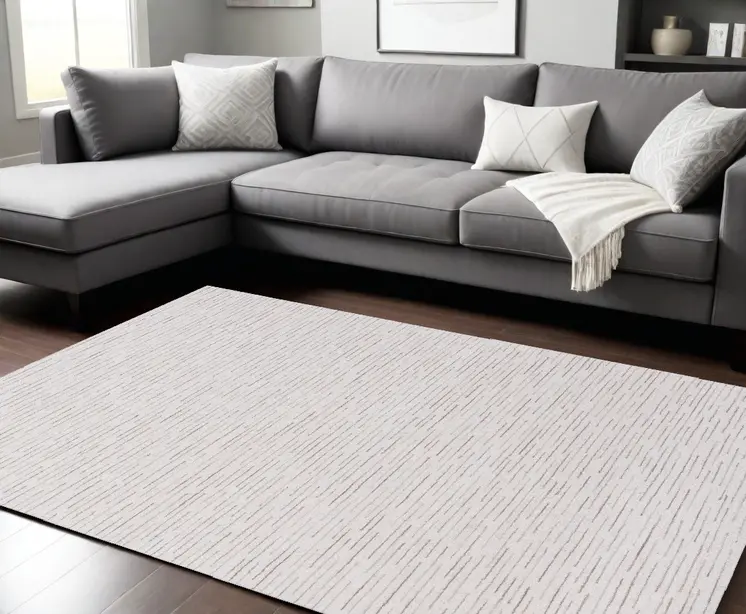 9' X 12' Beige and Ivory Wool Striped Hand Tufted Area Rug