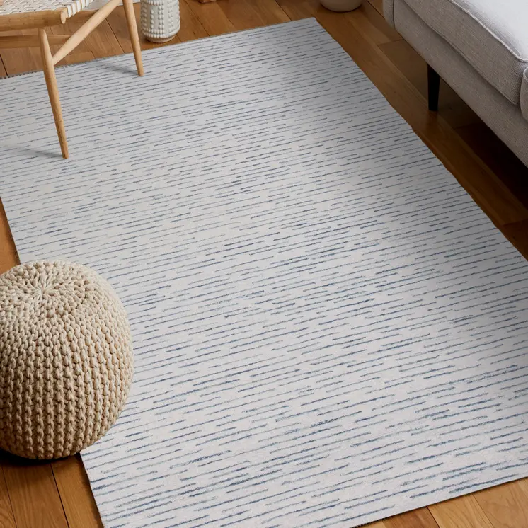 5' X 8' Ivory and Blue Wool Striped Hand Tufted Area Rug