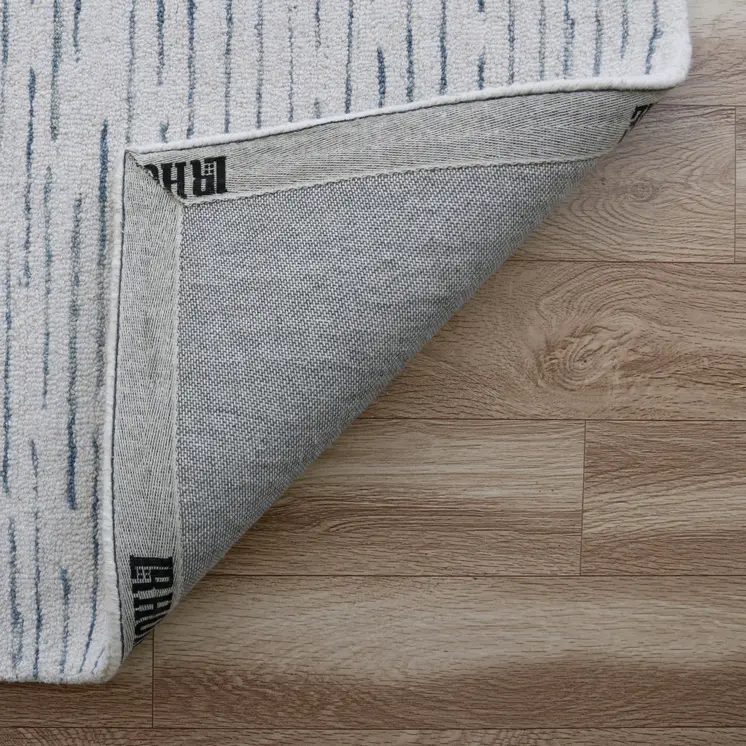 9' X 12' Ivory and Blue Wool Striped Hand Tufted Area Rug