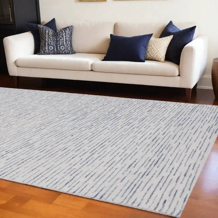 9' X 12' Ivory and Blue Wool Striped Hand Tufted Area Rug