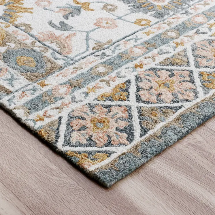8' X 10' Blue and Ivory Wool Floral Hand Tufted Area Rug