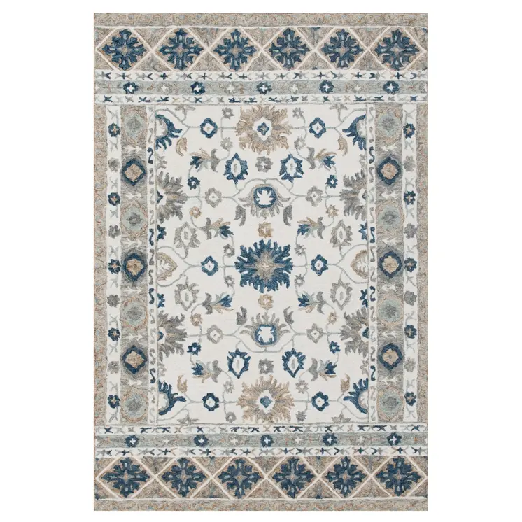 5' X 8' Blue and Ivory Wool Floral Hand Tufted Area Rug