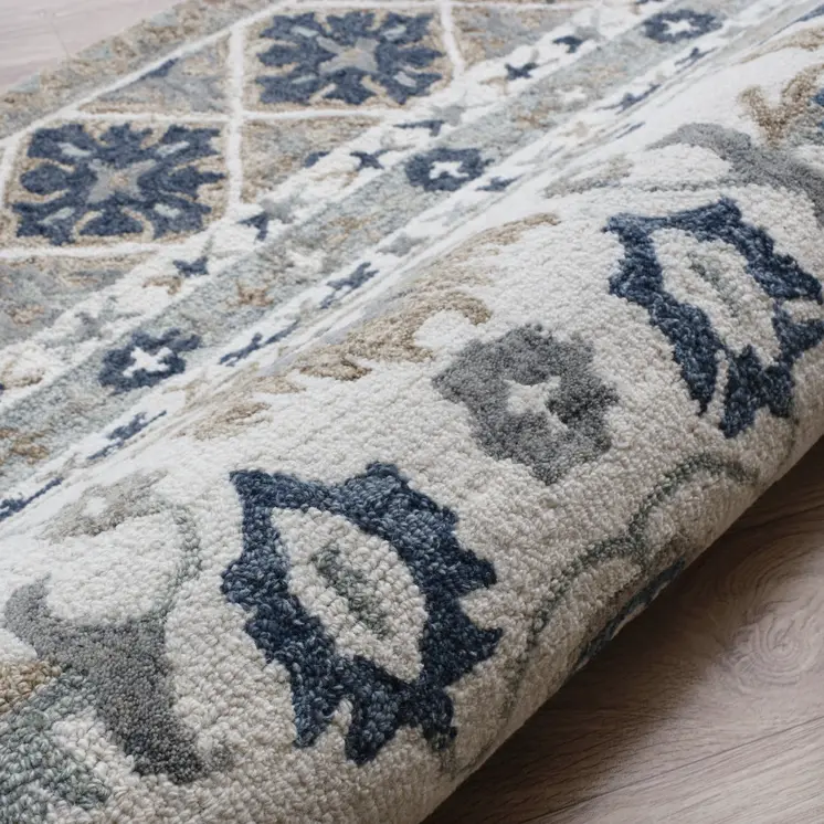 5' X 8' Blue and Ivory Wool Floral Hand Tufted Area Rug