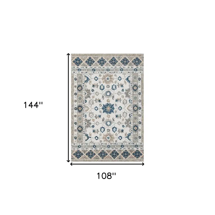 9' X 12' Blue and Ivory Wool Floral Hand Tufted Area Rug