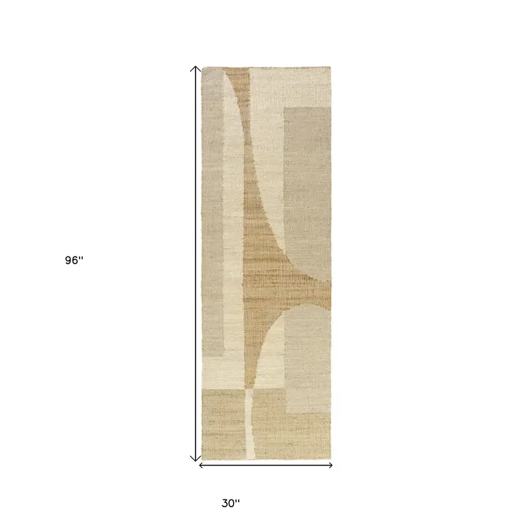 8' Natural And Ivory Jute Abstract Hand Woven Runner Rug