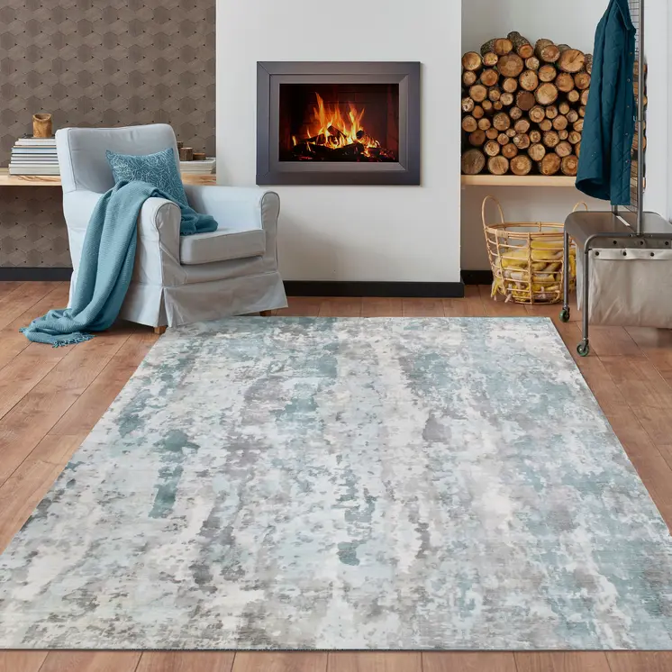 9' X 12' Ivory Blue and Gray Abstract Wool Blend Hand Loomed Area Rug