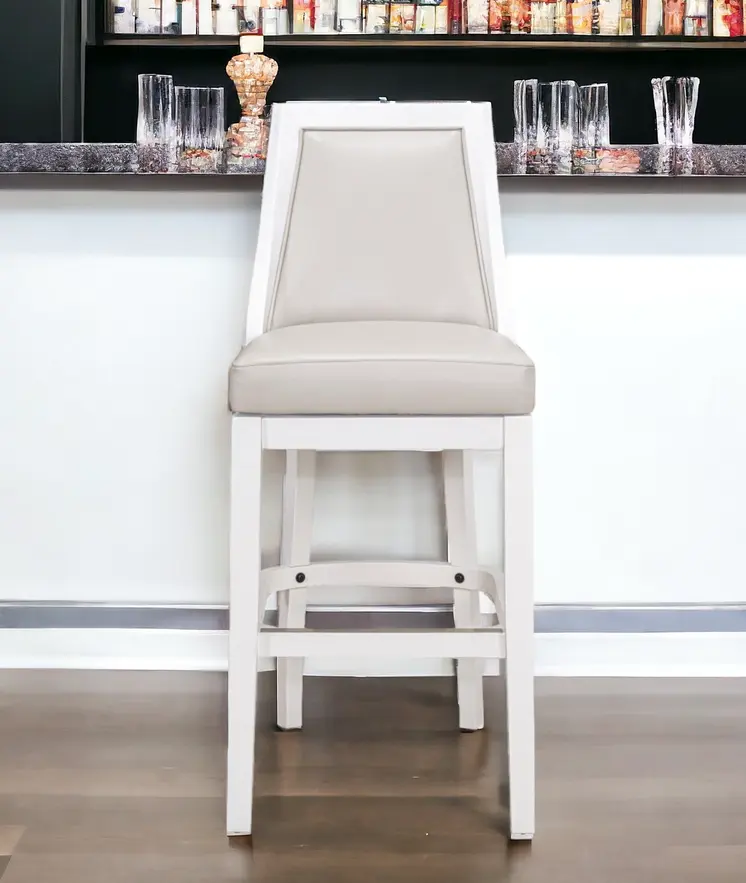 31" Gray And White Faux Leather And Solid Wood Bar Height Swivel Bar Chair