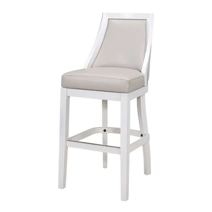 31" Gray And White Faux Leather And Solid Wood Bar Height Swivel Bar Chair