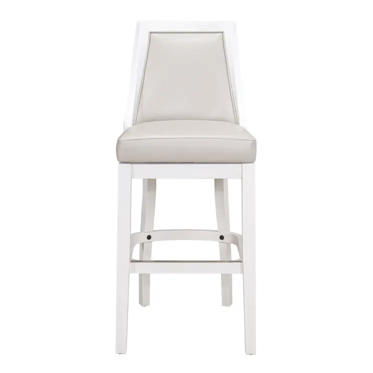 31" Gray And White Faux Leather And Solid Wood Bar Height Swivel Bar Chair