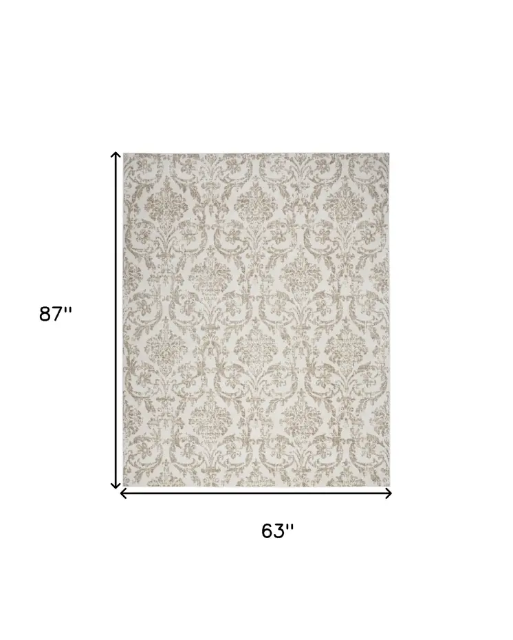 5' X 7' Beige and Ivory Damask Distressed Non Skid Area Rug