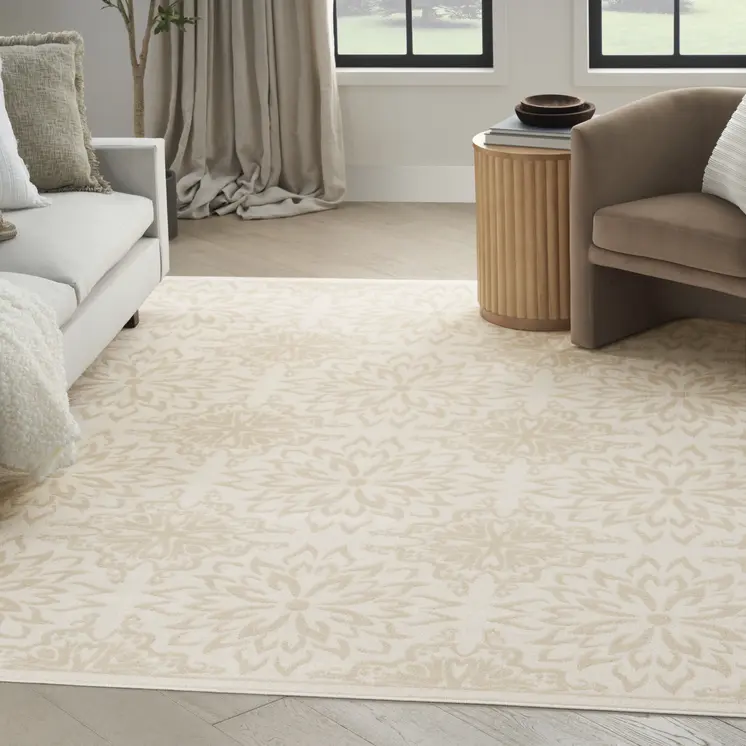 5' X 7' Beige and Ivory Floral Non Skid Area Rug