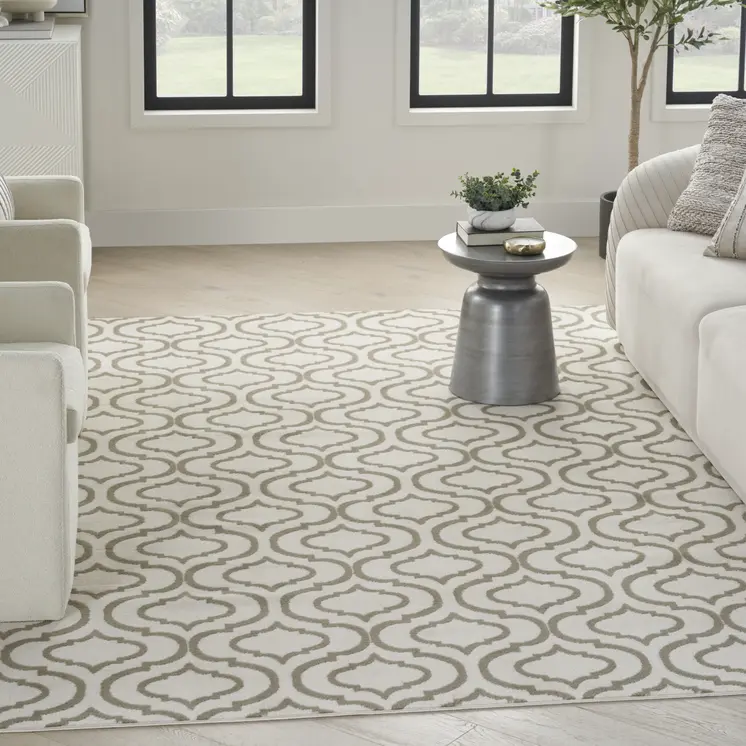 5' X 7' Ivory and Green Trellis Non Skid Area Rug