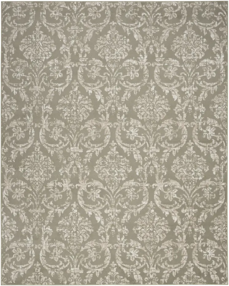 5' X 7' Olive Green and Ivory Damask Distressed Non Skid Area Rug