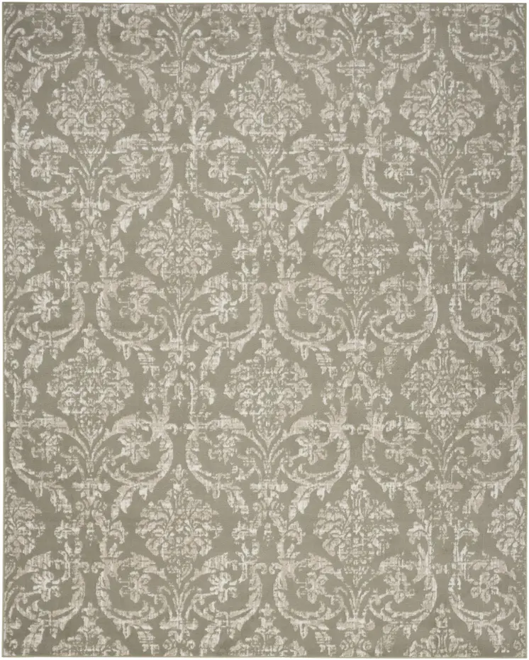5' X 7' Olive Green and Ivory Damask Distressed Non Skid Area Rug