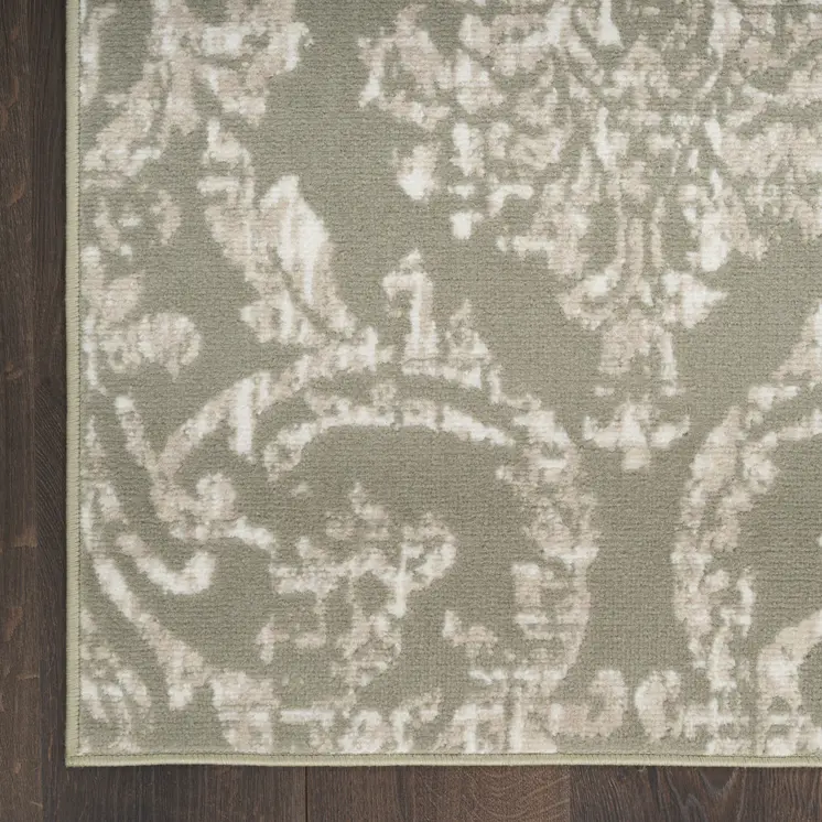 5' X 7' Olive Green and Ivory Damask Distressed Non Skid Area Rug