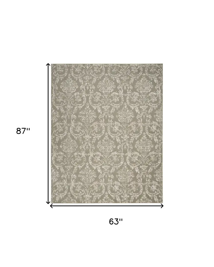 5' X 7' Olive Green and Ivory Damask Distressed Non Skid Area Rug