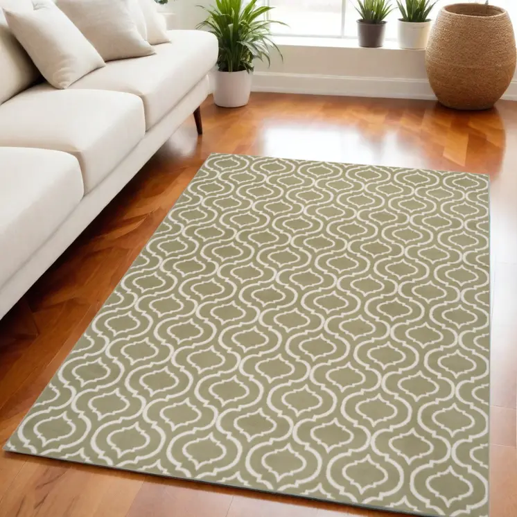 5' X 7' Olive Green and Ivory Trellis Non Skid Area Rug