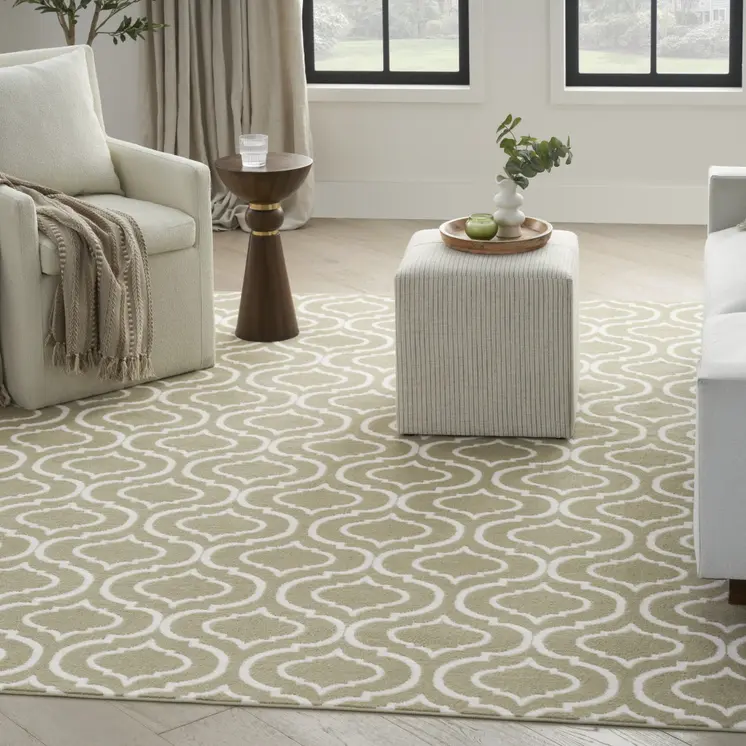 5' X 7' Olive Green and Ivory Trellis Non Skid Area Rug