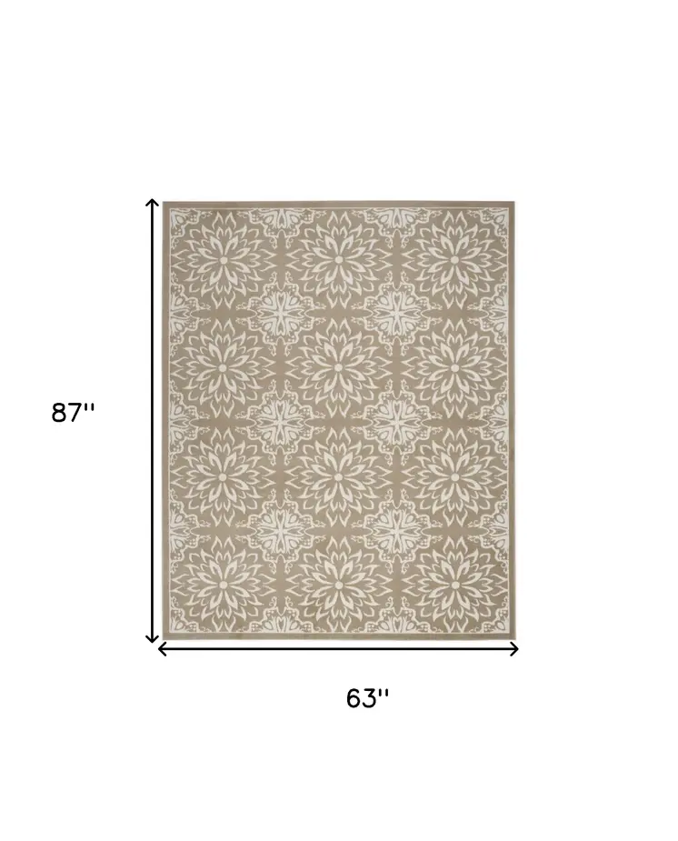 5' X 7' Taupe and Ivory Floral Medallion Non Skid Area Rug