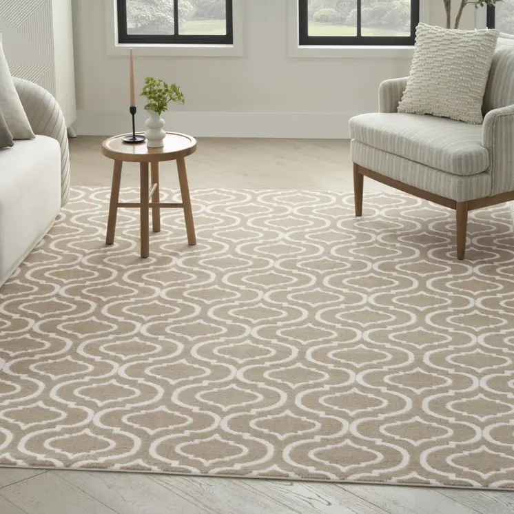 5' X 7' Taupe and Ivory Trellis Non Skid Area Rug