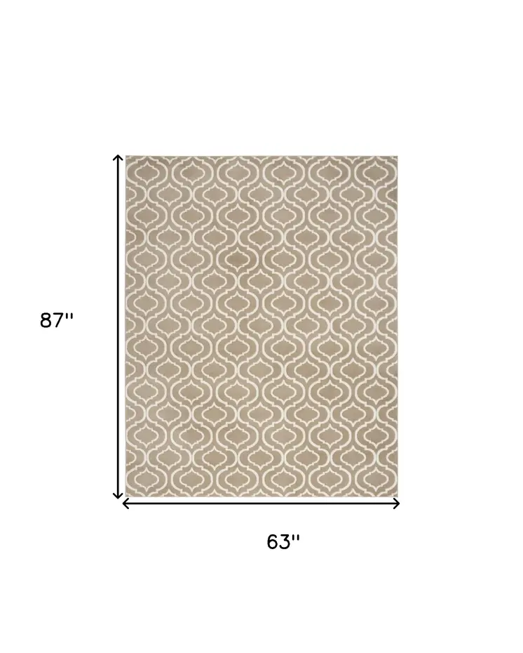 5' X 7' Taupe and Ivory Trellis Non Skid Area Rug
